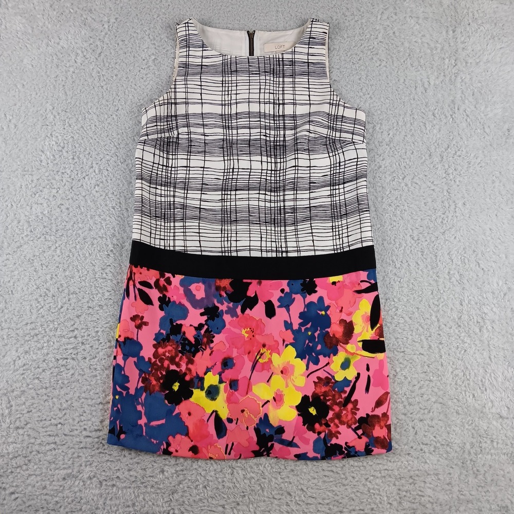 LOFT Womens 6 Floral Grid Mixed Print Sleeveless‎ Shift Dress Black White Pink